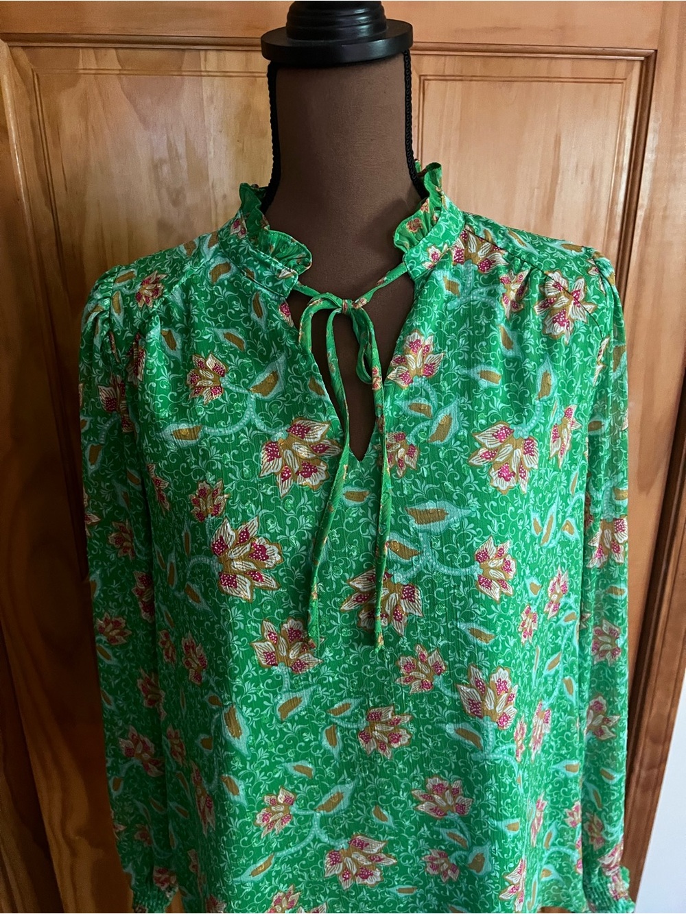 Joie Green Floral Tie-Neck Long Sleeve Blouse - Picture 3 of 11